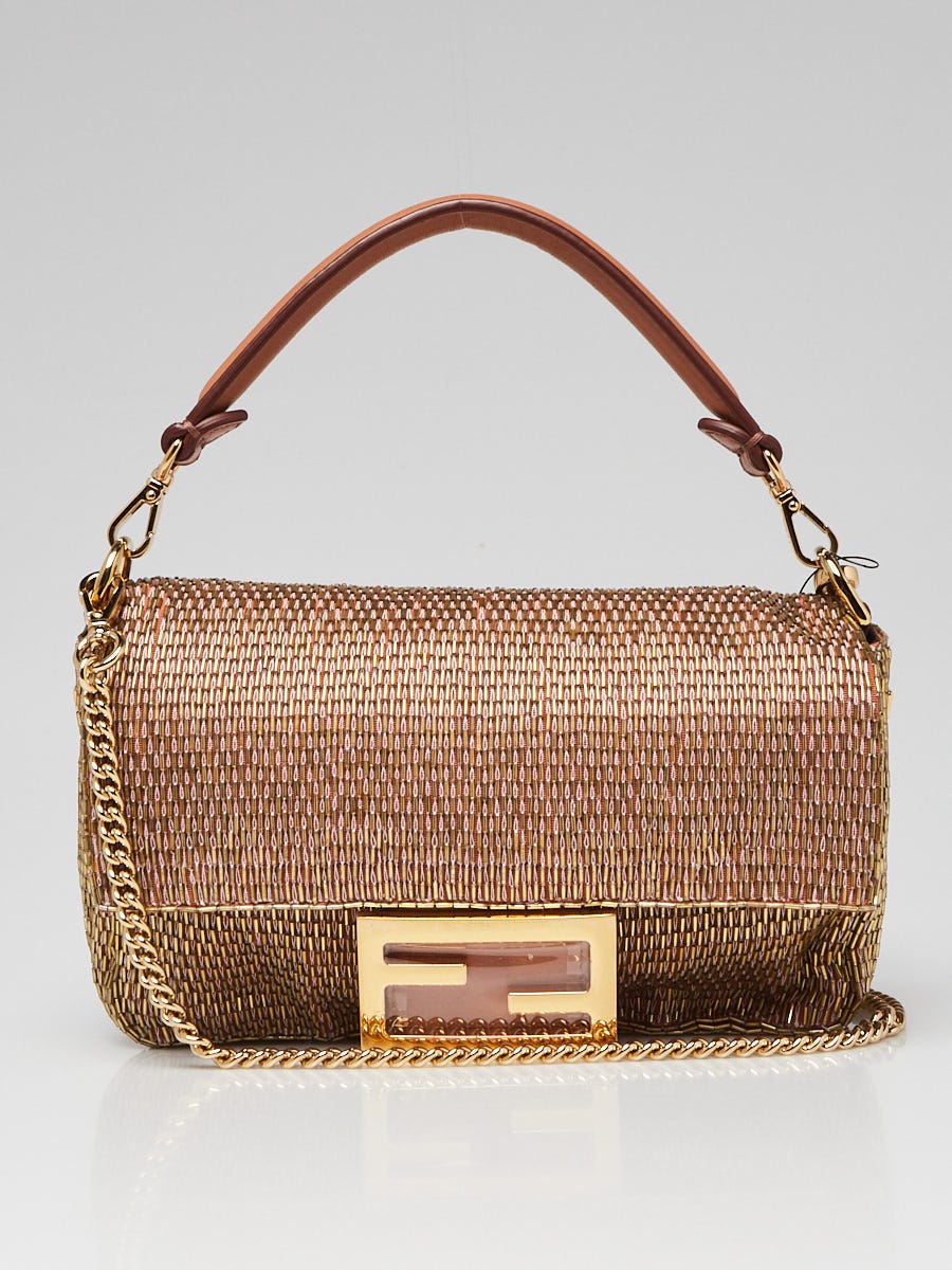 Fendi Gold/Brown Beaded Leather Mini Baguette Crossbody Bag 8BS017 -  Yoogi's Closet