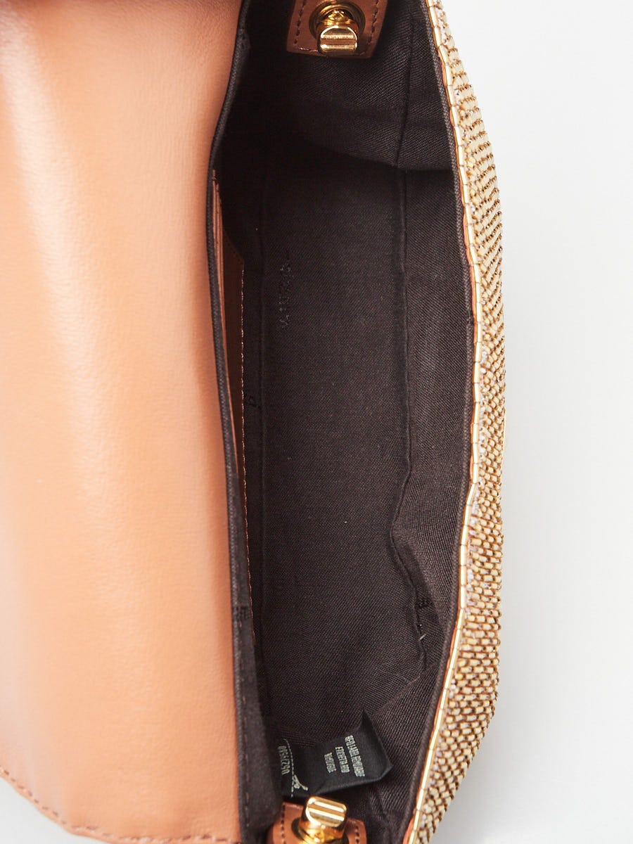 Fendi Gold/Brown Beaded Leather Mini Baguette Crossbody Bag 8BS017