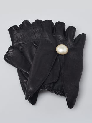 Black Lambskin Leather Faux Pearl Fingerless Gloves Size 7