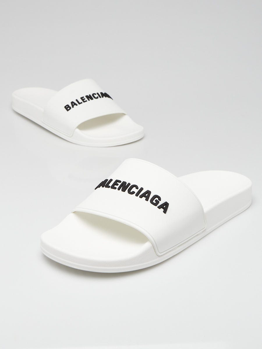 Balenciaga WhiteBlack /Rubber Logo Pool Slides Size 11.5/42