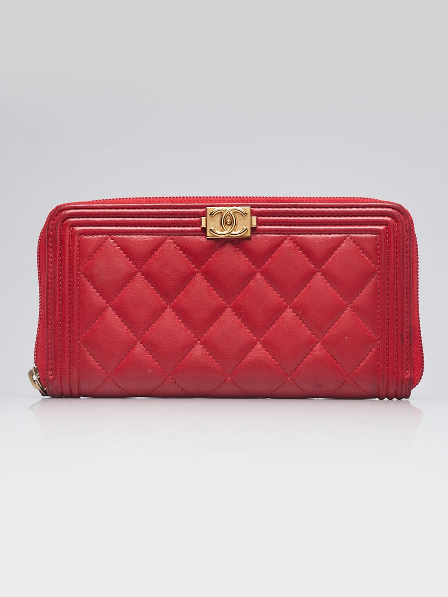 Chanel Red Quilted Lambskin Leather Boy Long Zipped Wallet