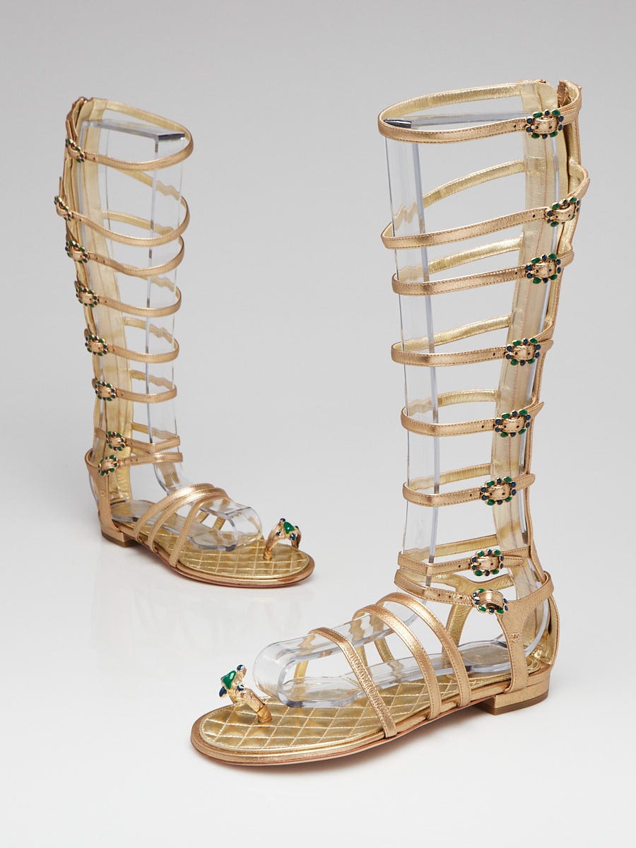 Chanel Gold Leather Flat Gladiator Boot Sandals Volume 5.5/36