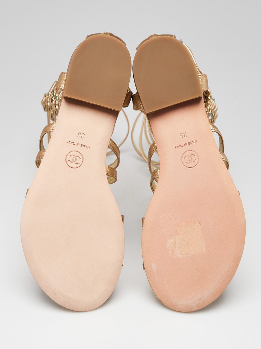 Chanel Gold Leather Flat Gladiator Boot Sandals Size 5.5/36