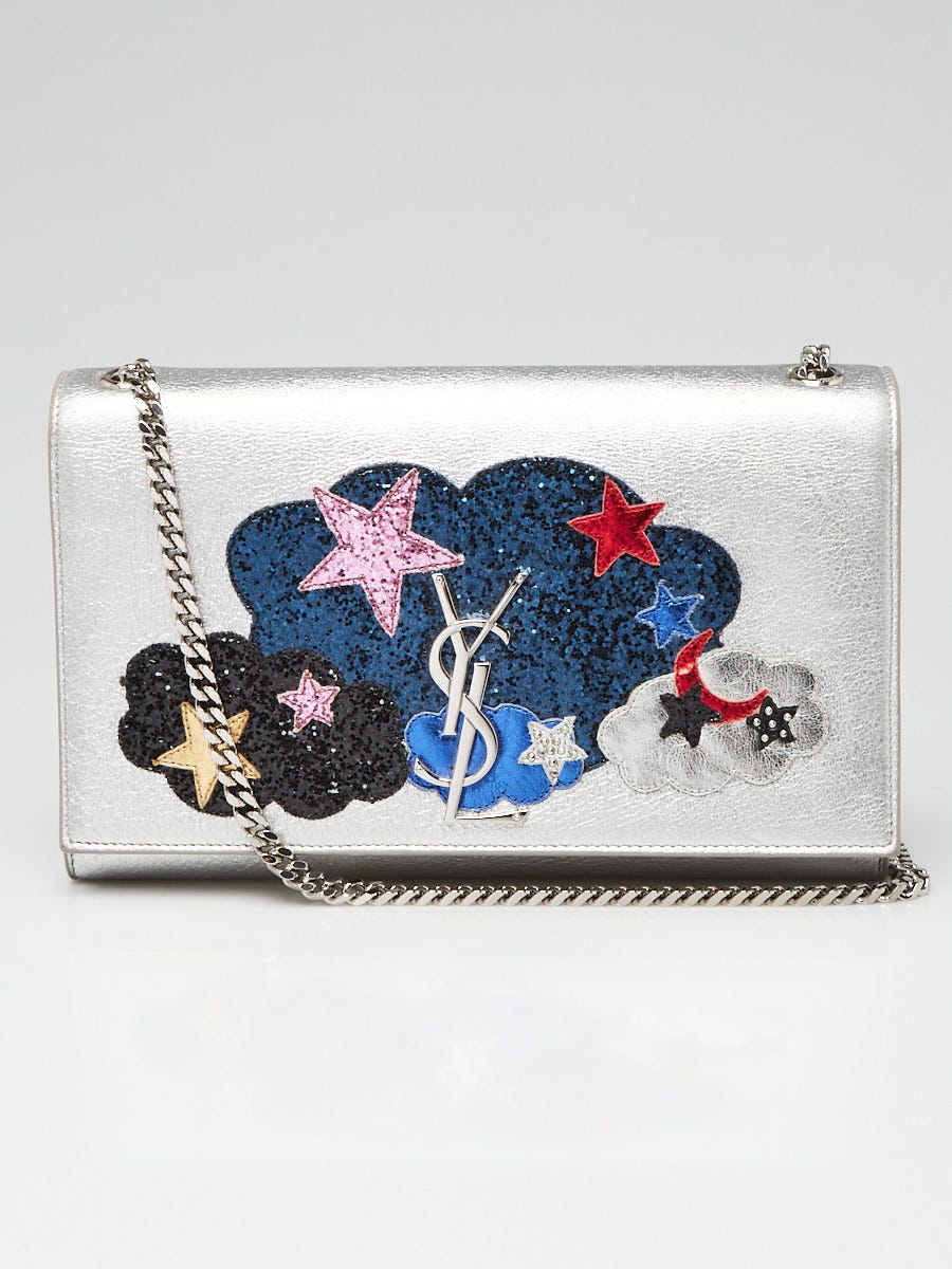 Yves Saint Laurent Silver Leather Cloud Star Monogram Medium Kate