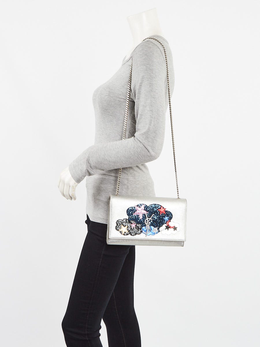 Yves Saint Laurent Silver Leather Cloud Star Monogram Medium Kate Flap Bag