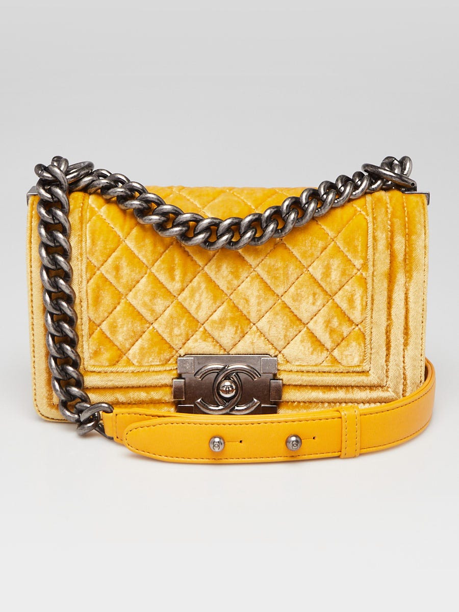 CHANEL YELLOW QUILTED VELVET CLASSIC FLAP CROSSBODY BAG