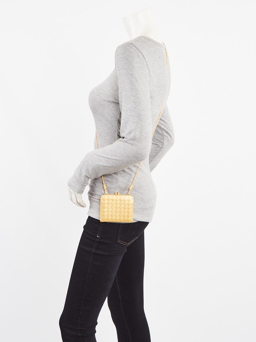 Bottega Veneta Light Gold Intrecciato Woven Nappa Leather Coin Purse w/Strap