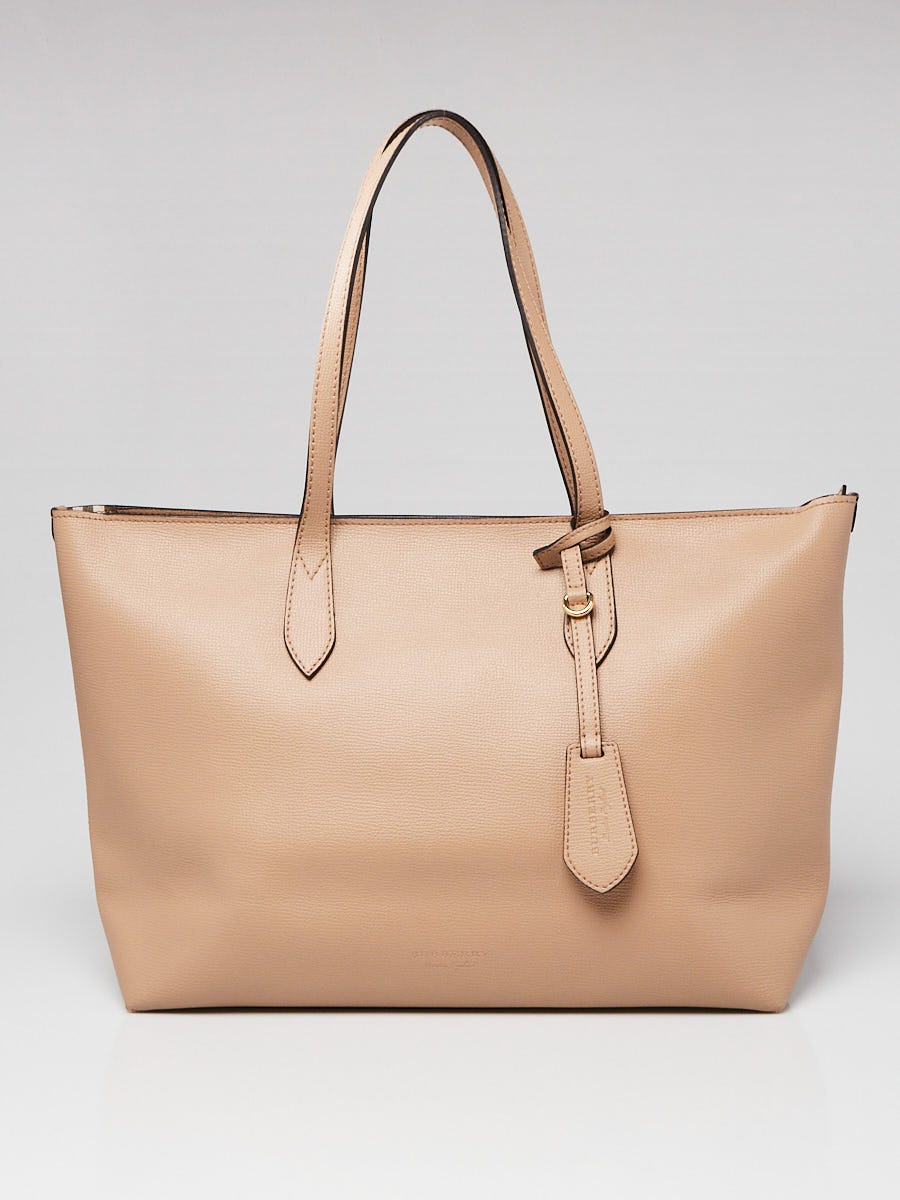 Beige Genuine Leather Top Handle Zip Tote Bag