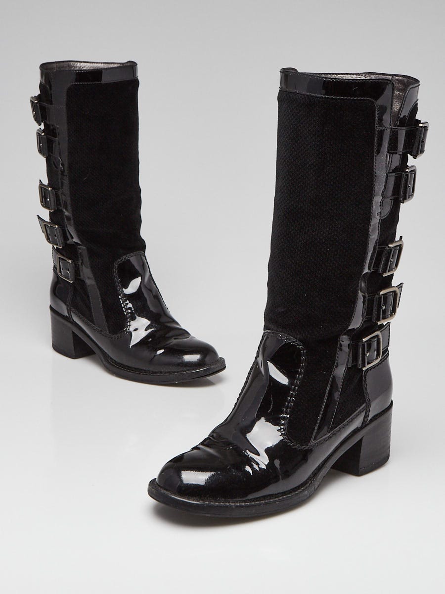 Chanel Black Patent Leather and Velvet Buckle Boots Size 5.5/36