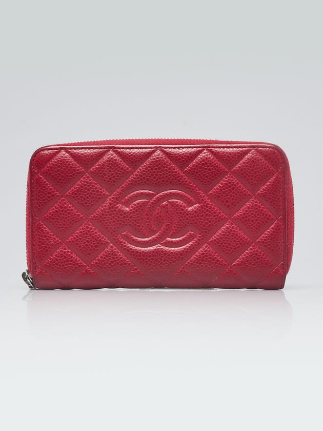 Chanel Red Quilted Caviar Leather CC Zip Compact Wallet