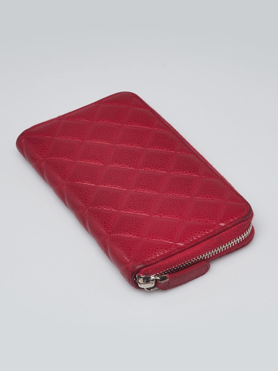 Chanel Red Quilted Caviar Leather CC Zip Compact Wallet