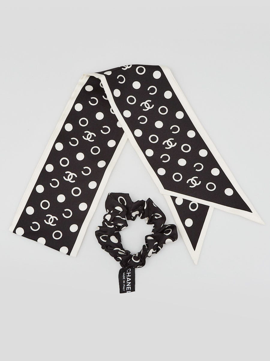 Chanel Black/White Printed Silk CC Coco Hair Scrunchie and Hair Twilly -  Yoogi's Closet