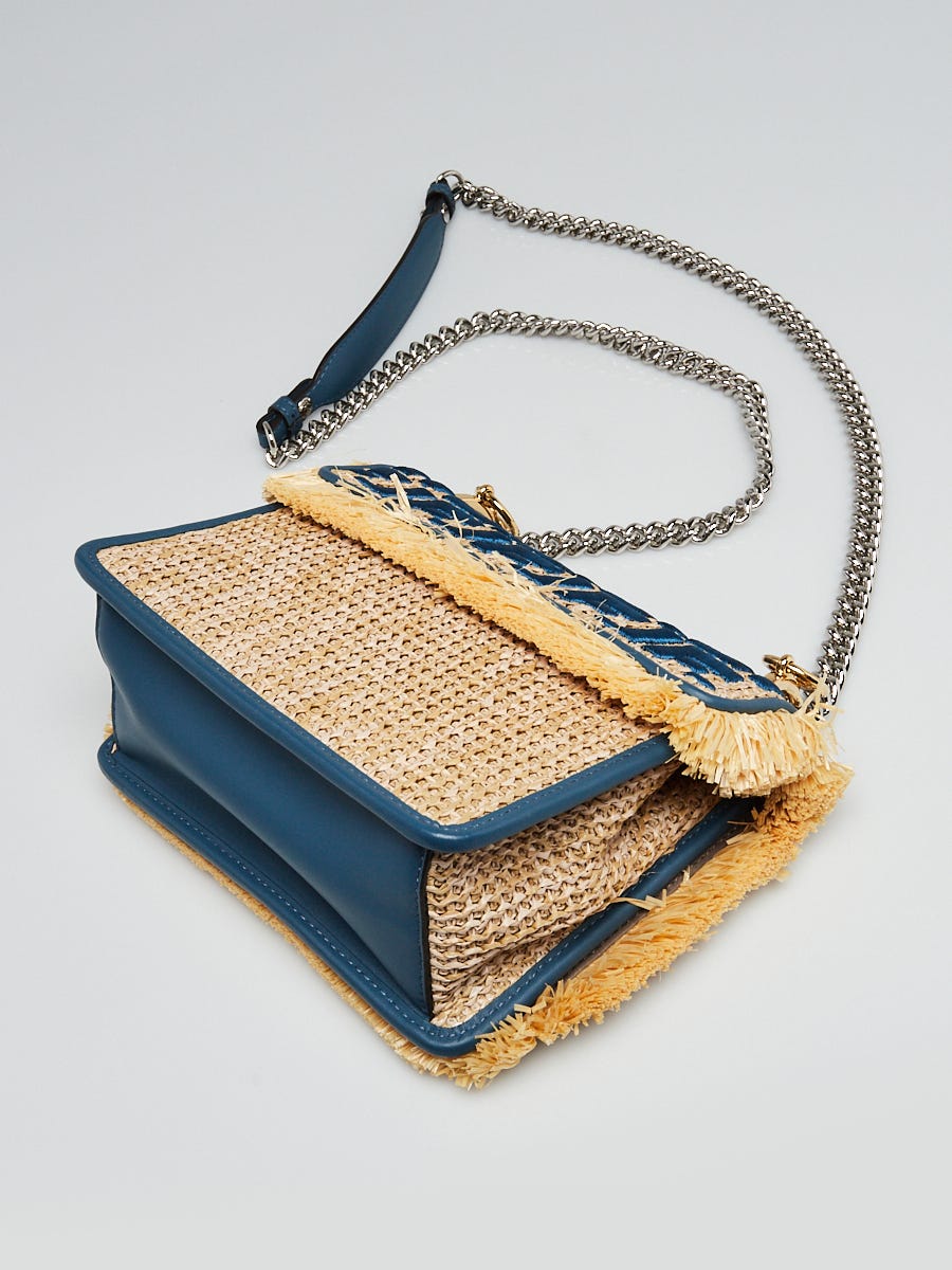 Fendi Blue/Natural Raffia and Embroidered FF Small Kan I