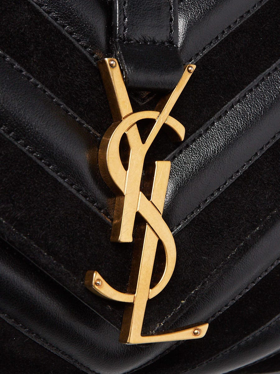 Yves Saint Laurent Black Chevron Quilted Leather/Suede Monogram Large  College Bag - Yoogi's Closet