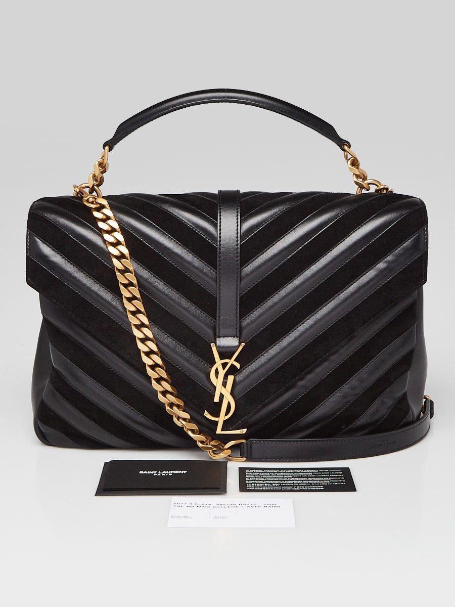 Yves Saint Laurent Black Chevron Quilted Leather/Suede Monogram Large  College Bag - Yoogi's Closet