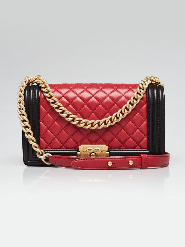 Chanel Red/Black Quilted Lambskin Leather Medium Boy Bag