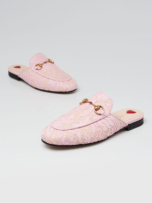 Gucci Pink Lace and Leather Princetown Mule Flats Size 4.5/35