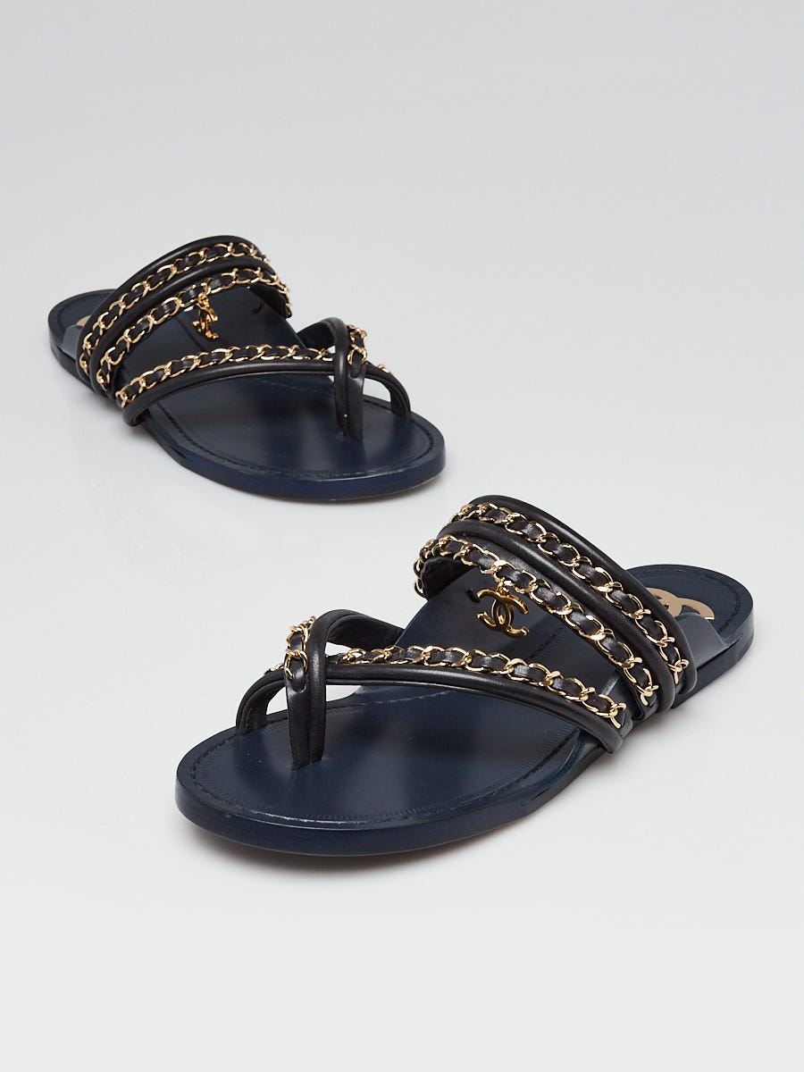 Chanel Navy Leather and Chain Strappy Sandals Size 5.5/36