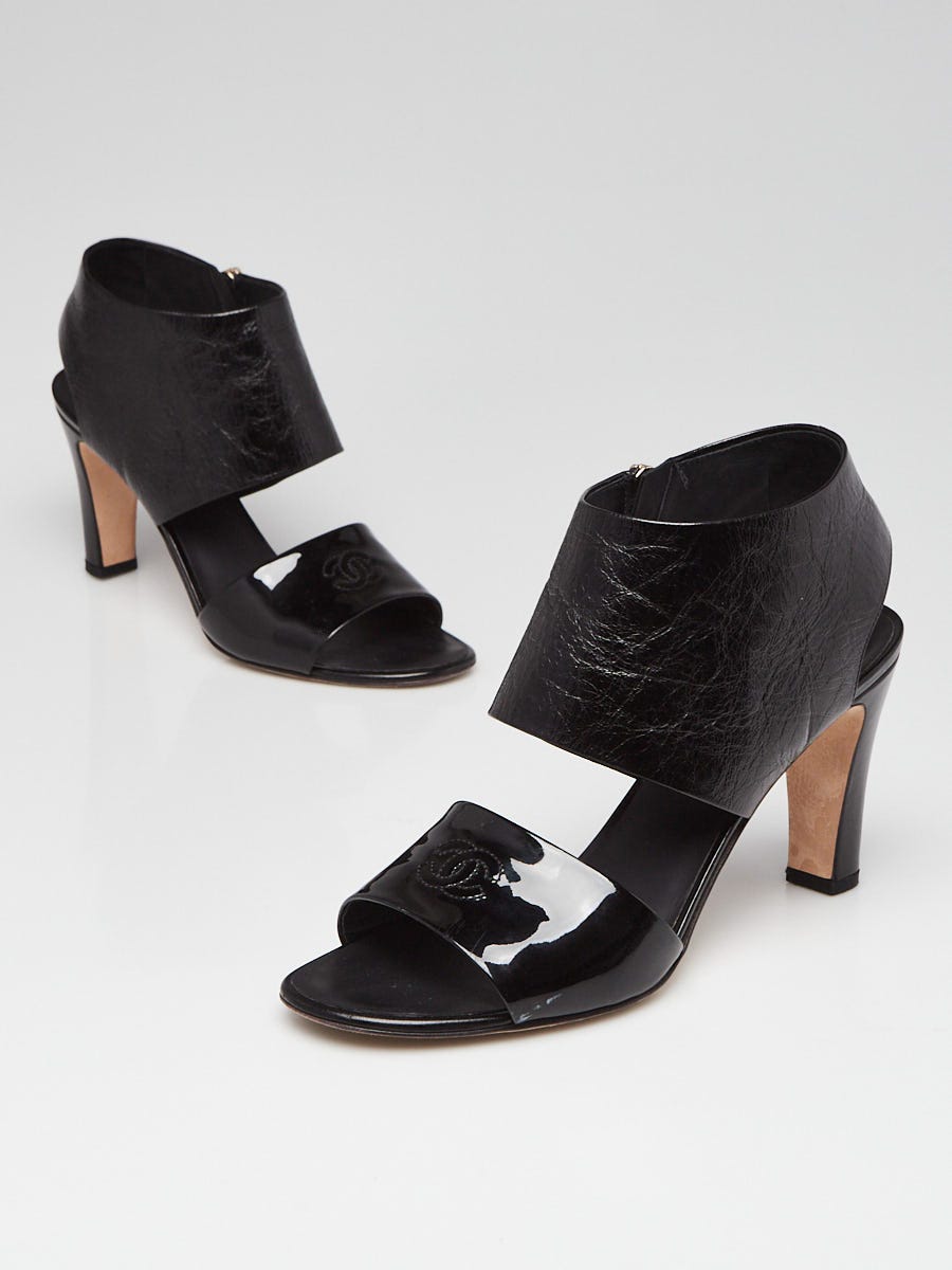 Chanel Black Patent/Crinkle Leather Open-Toe Heeled Sandals Size