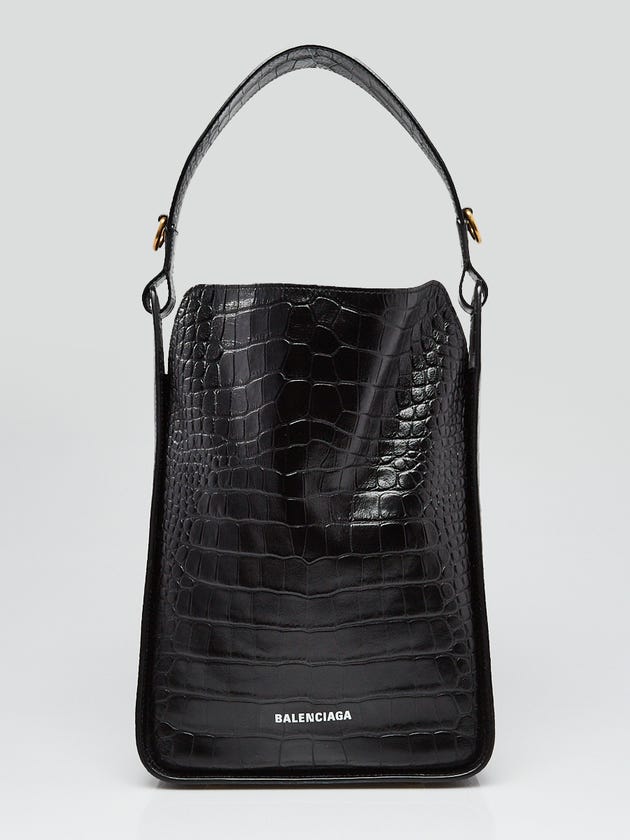 Balenciaga Black Croc Embossed Leather Tool 2.0 North South Medium Tote Bag