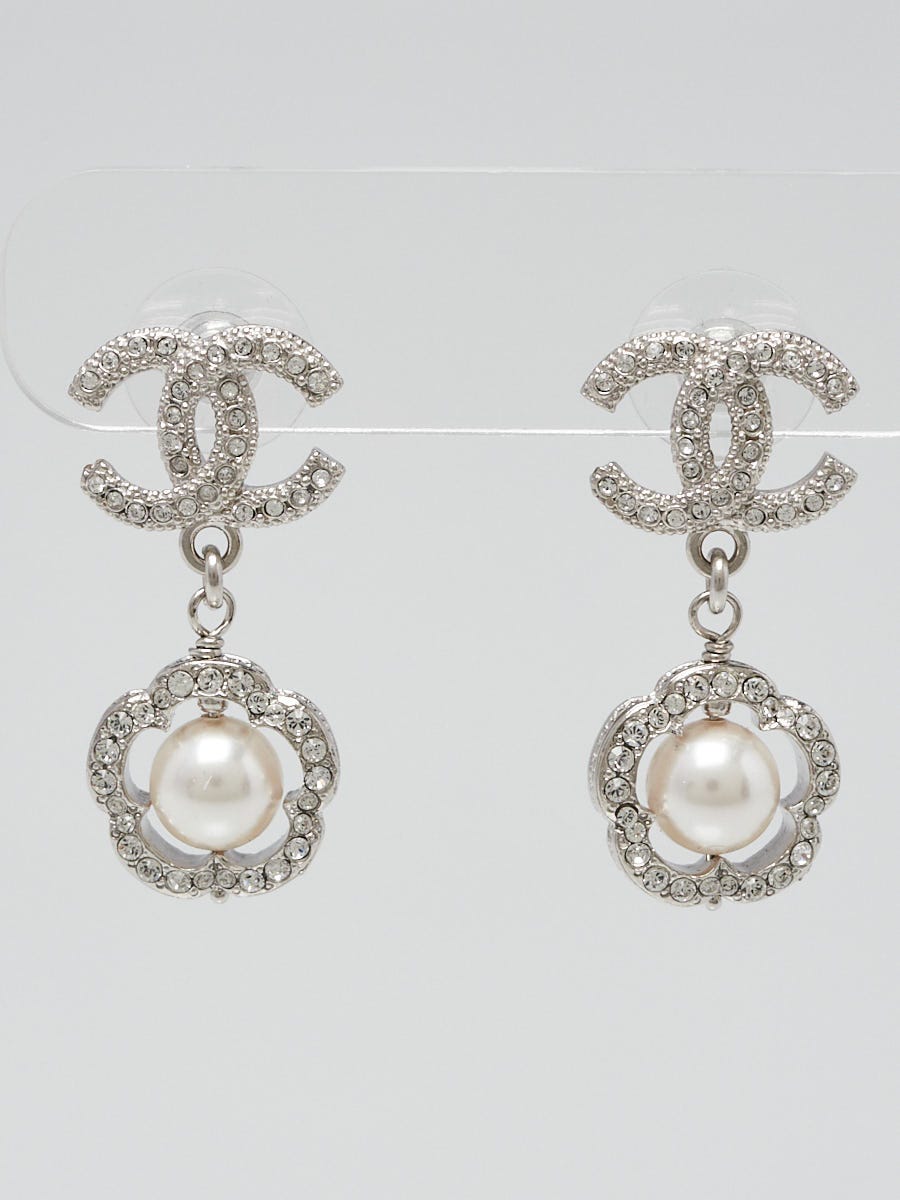 Chanel Silvertone Metal Faux Pearl and Crystal CC Camellia Drop Earrings -  Yoogi's Closet