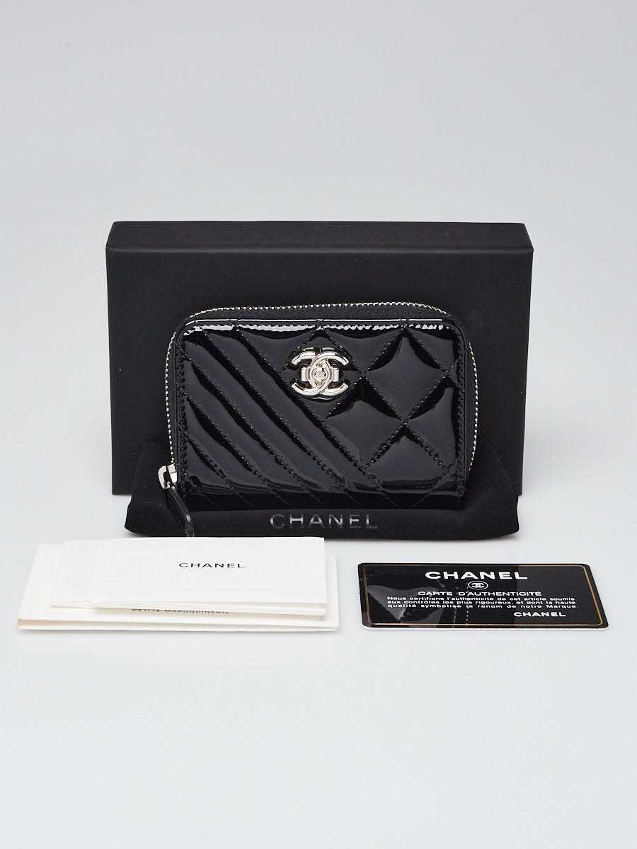 CHANEL BLACK PATENT LEATHER QUILTED ZIP AROUND COIN PURSE