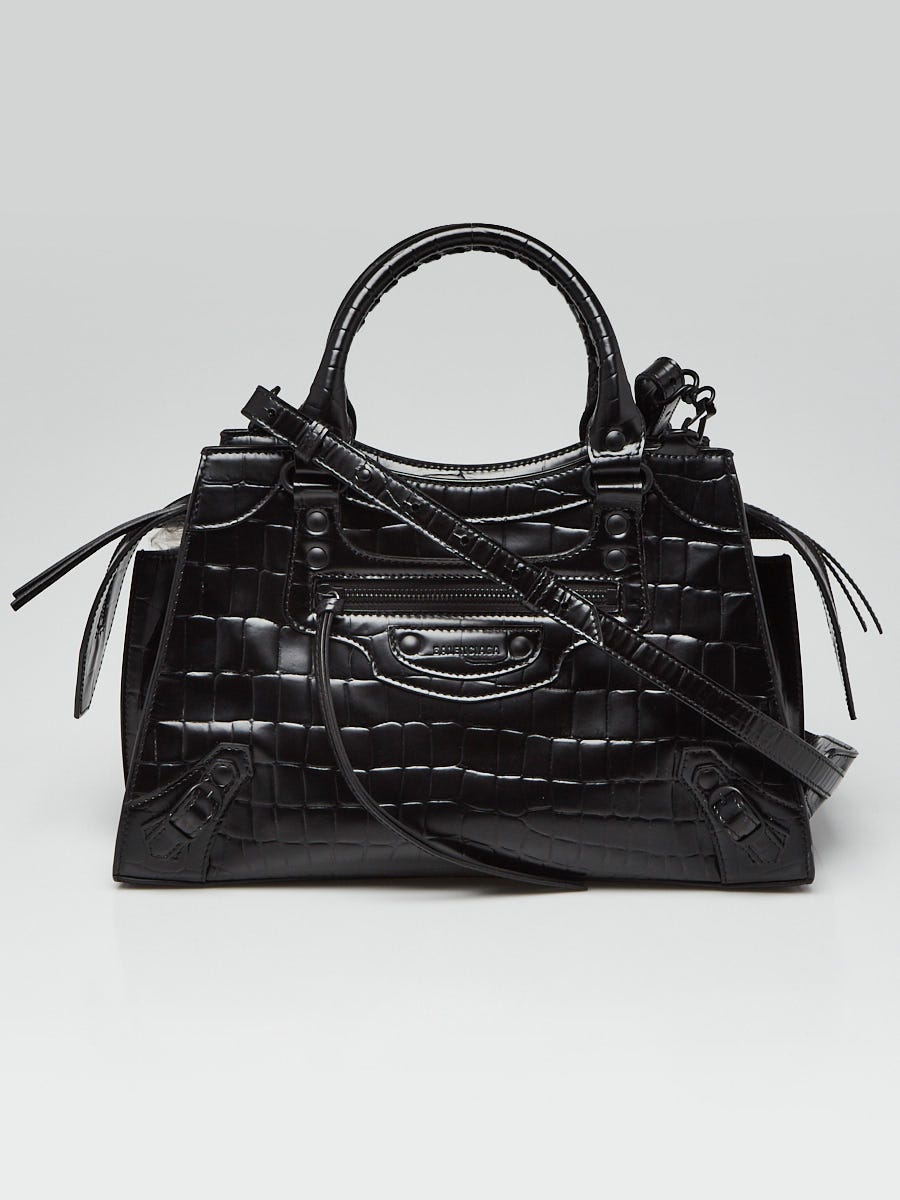 Balenciaga Black Croc Embossed Leather Mini GH Classic City Bag