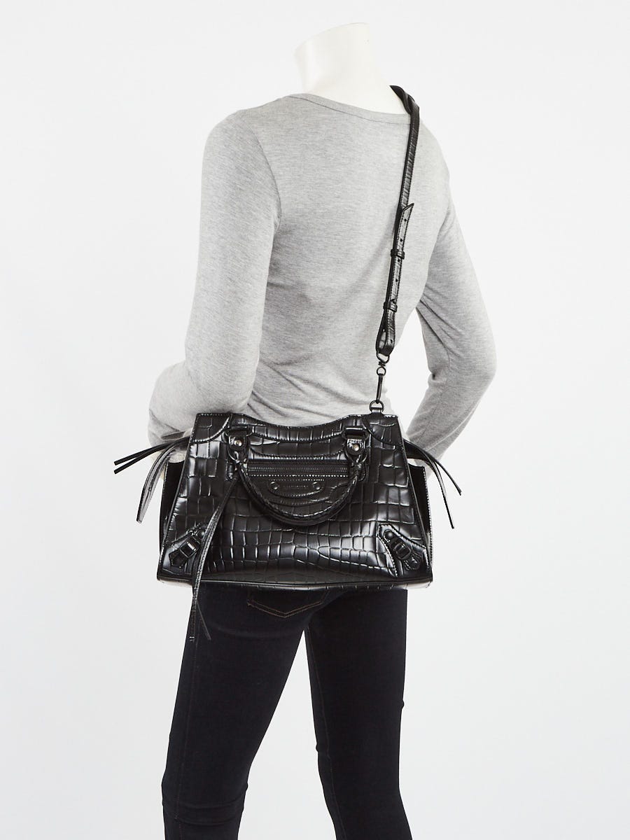 Balenciaga Black Croc Embossed Leather Mini GH Classic City Bag