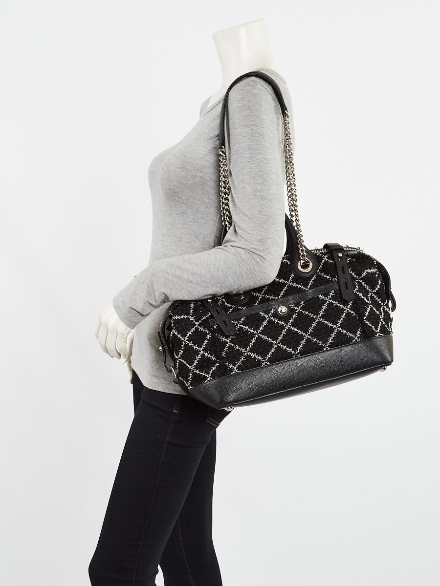Chanel Black/White Diamond Stitch Tweed Crest Trip Bowling Bag