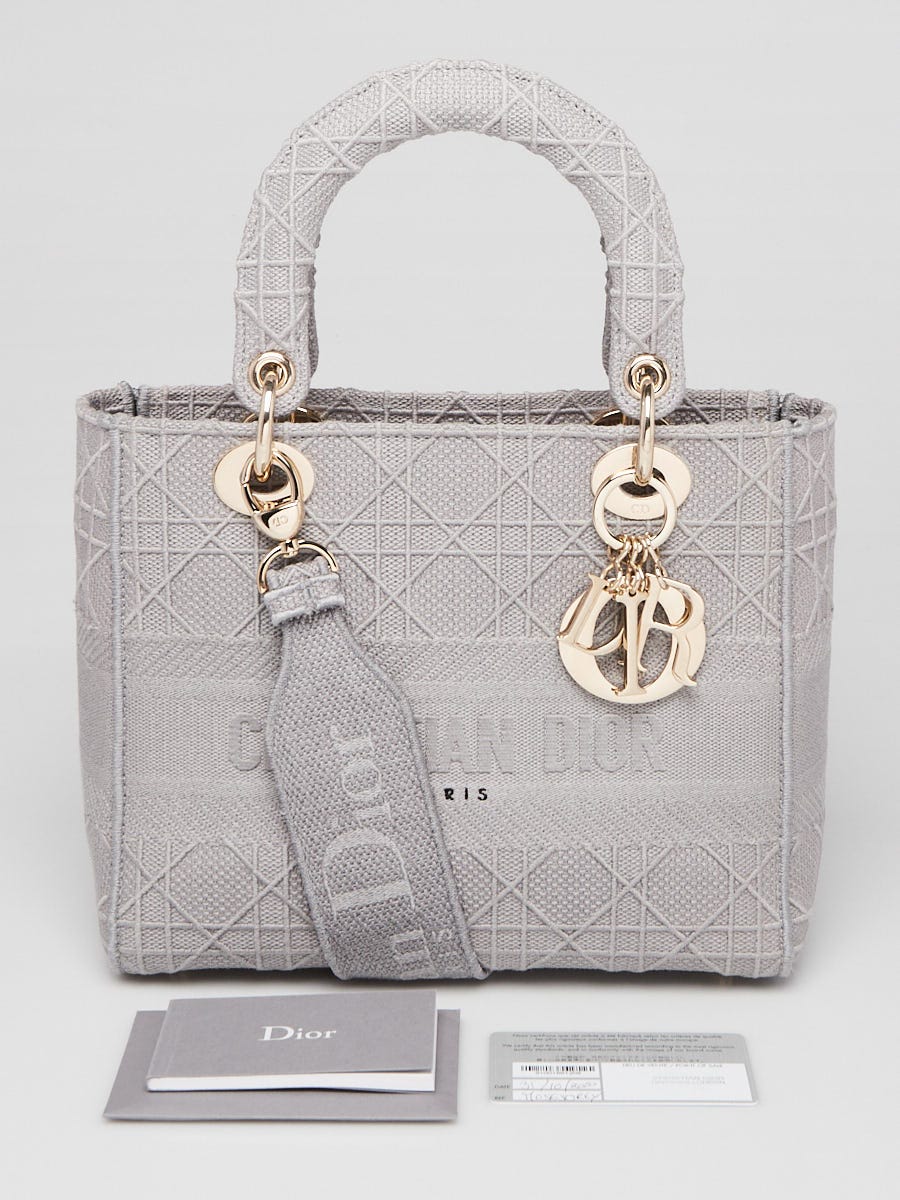 Christian Dior Grey Cannage Embroidery Canvas Medium Lady D-Lite