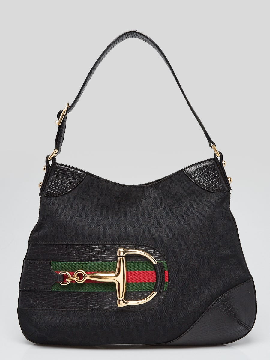 VINTAGE AUTHENTIC GUCCI LOGO BLACK CANVAS/LEATHER HORSEBIT SHOULDER/HOBO BAG