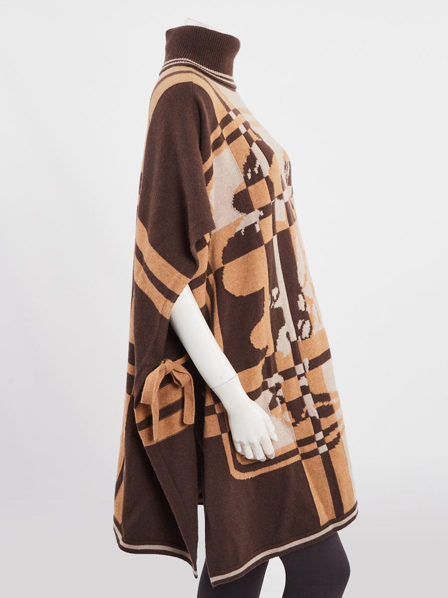 Hermes Beige Chine Cashmere Brides de Gala Tartan Poncho Size 0/34
