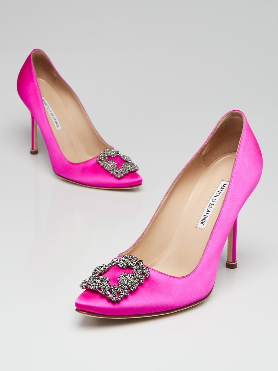 Manolo Blahnik Pink Satin And Crystal Buckle Hangisi Pumps Size 8