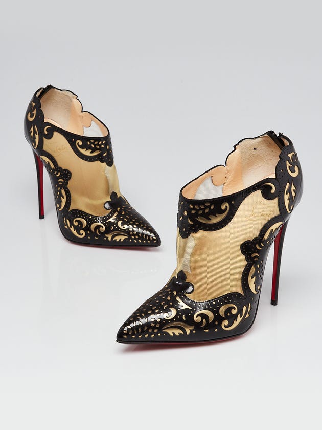 Christian Louboutin Black/Gold Patent Leather/Specchio Laser-Cut Mandolina 120 Booties Size 9/39.5