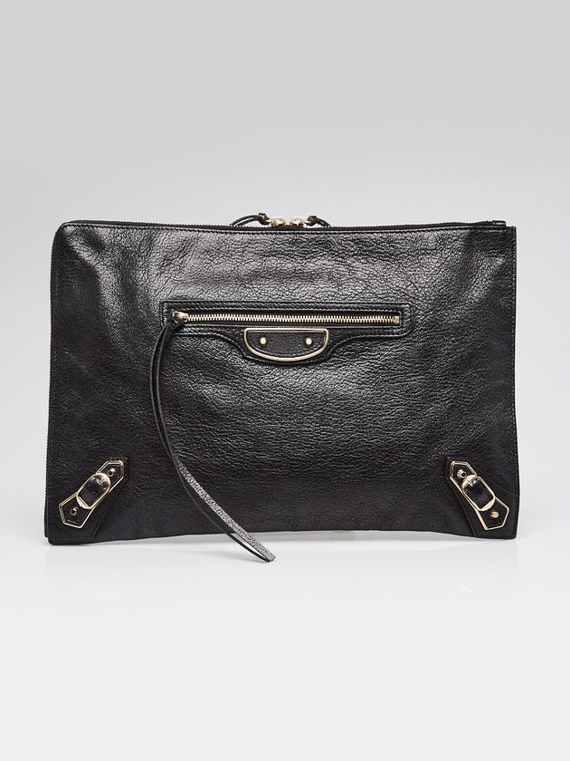 Balenciaga Black Grained Chevre Leather Metallic Edge Flat Clutch