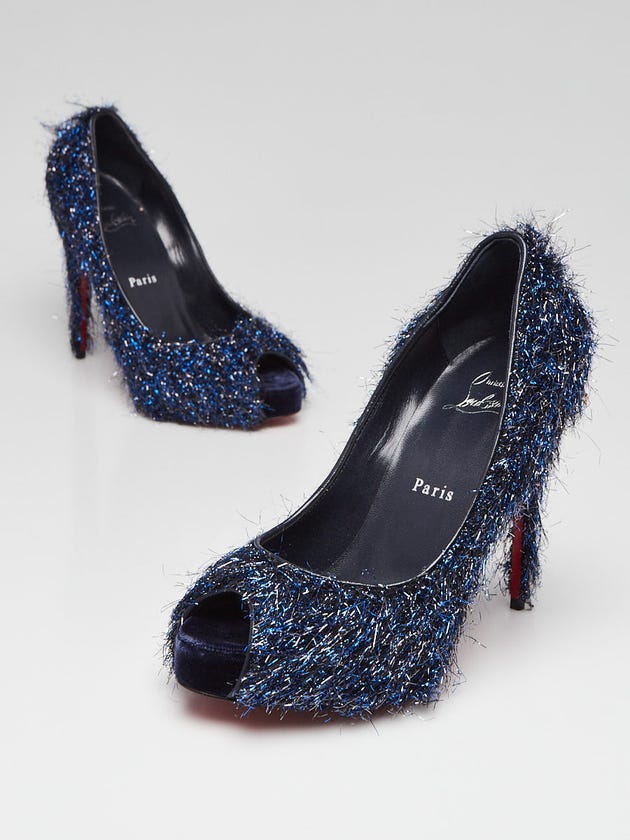 Christian Louboutin Blue Metallic Fringe Fabric Very Prive 120 Peep Toe Pumps Size 6.5/37