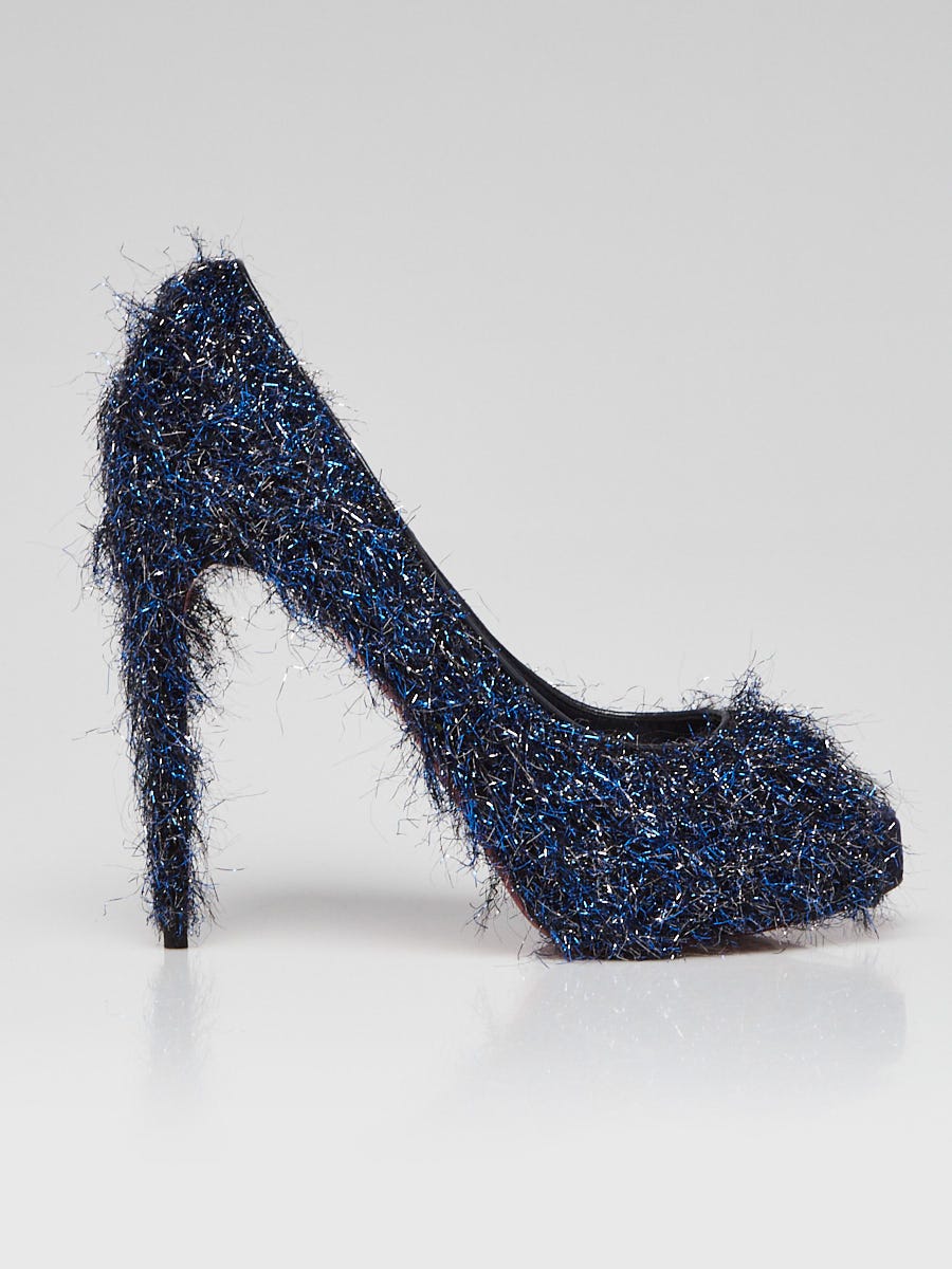 Christian Louboutin Blue Metallic Fringe Fabric Very Prive 120