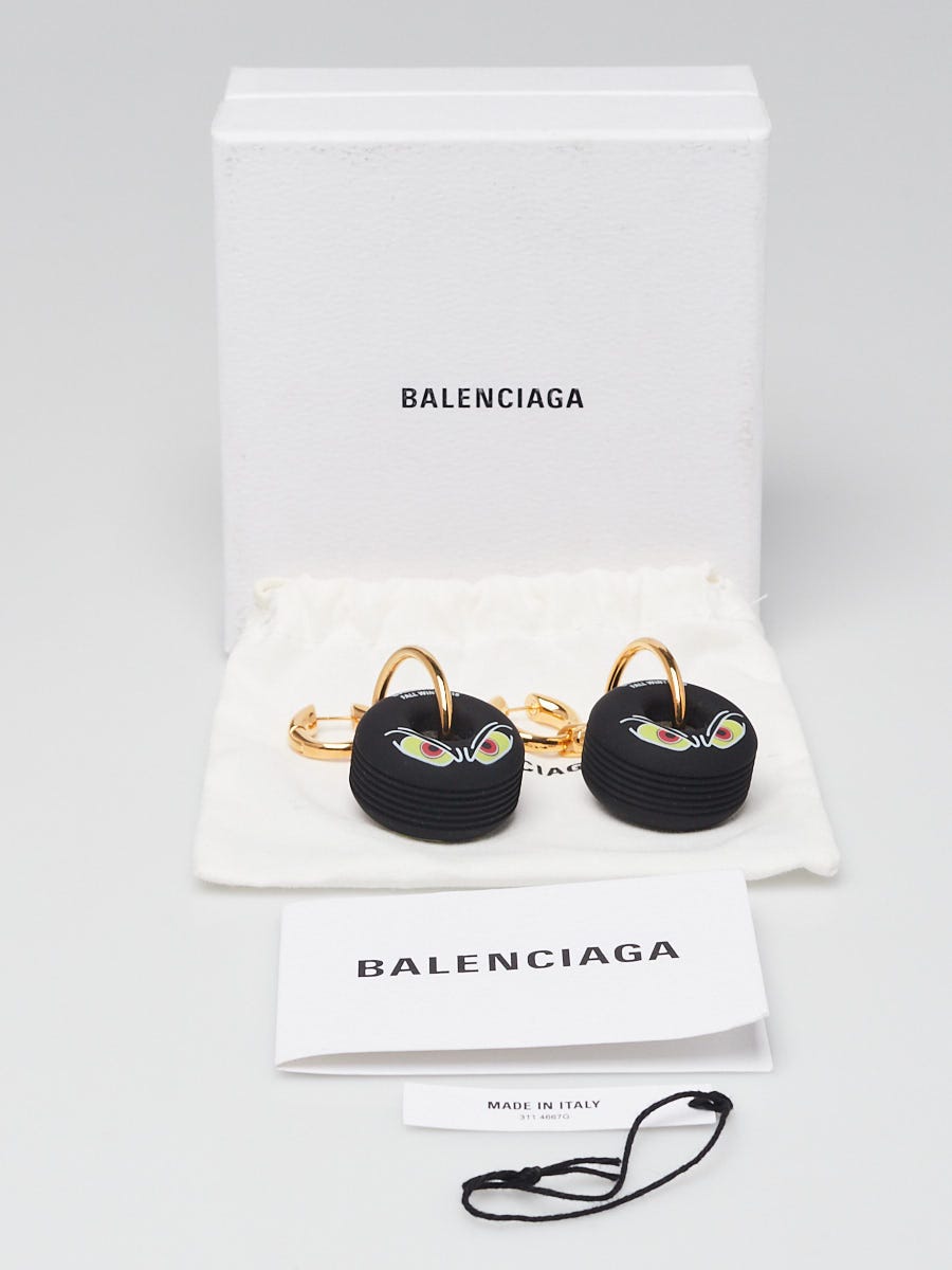 Balenciaga Black Rubber Gold Metal Motorbike Wheel Earrings