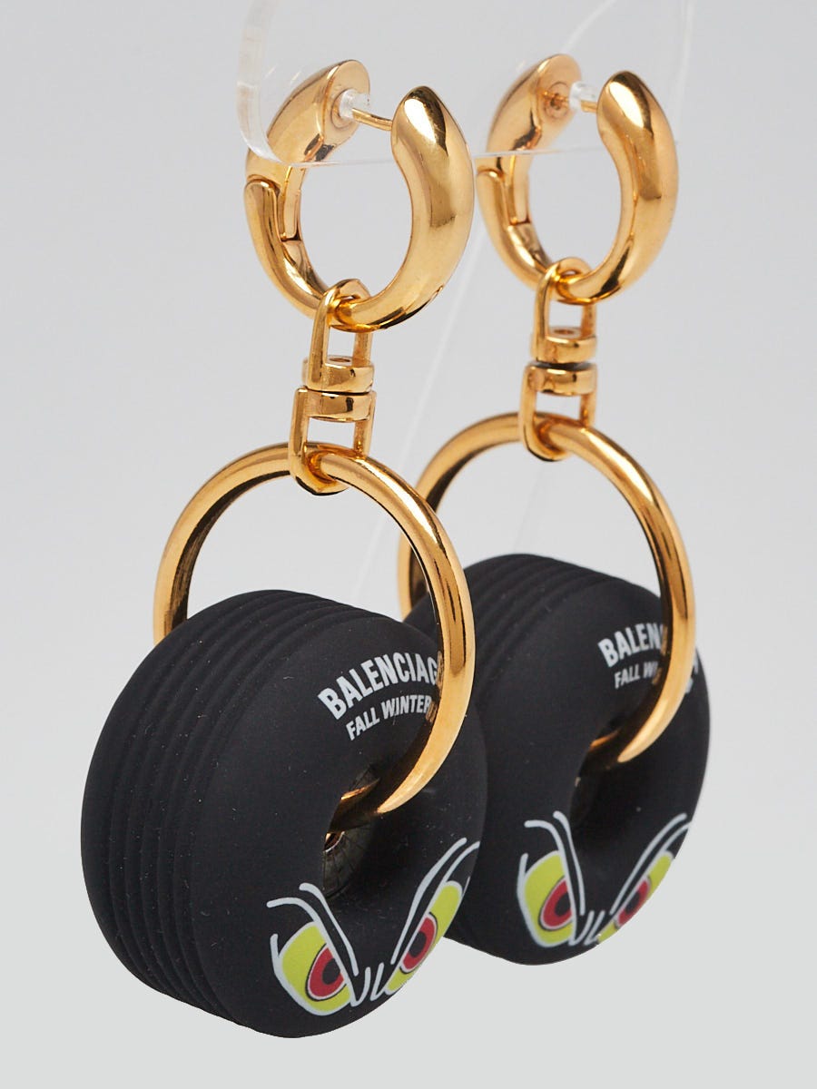 Balenciaga Black Rubber Gold Metal Motorbike Wheel Earrings