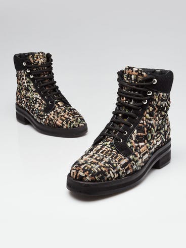 Chanel Multicolor Tweed Lace Up Ankle Boots Size 5.5/36