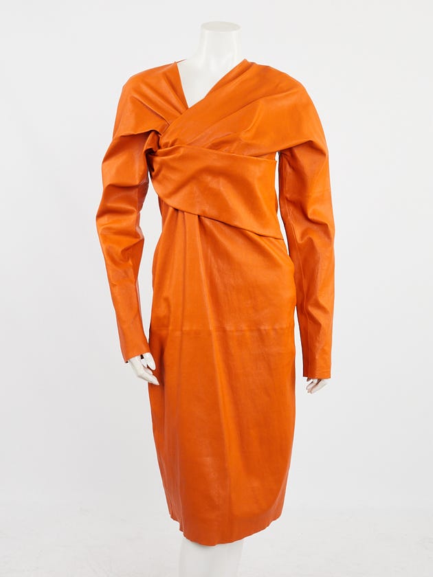 Bottega Veneta Orange Leather Long Sleeve Midi Length Dress Size 8/42 | Yoogi's Closet Bottega Veneta Orange Leather Long Sleeve Midi Length Dress Size 8/42 | Yoogi's Closet