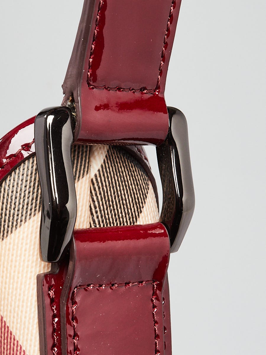 Burberry Red Patent Leather Nova Check Coated Canvas Brook Hobo