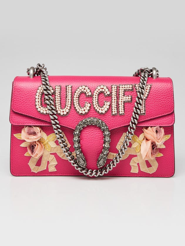 Gucci Rosa Pebbled Leather GUCCIFY Pearl Embellished Dionysus Small Shoulder Bag
