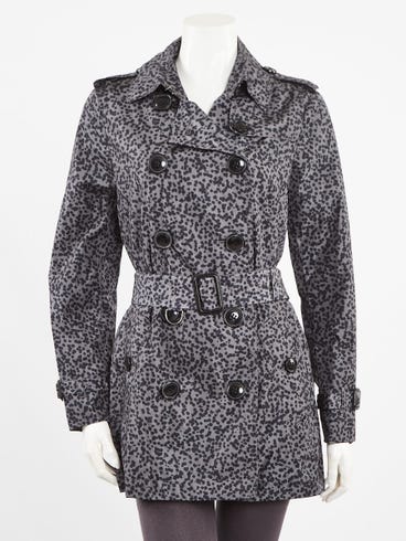 Burberry Store Blue Leopard Printed Nylon Kerringdale Belted Trench Coat Size 6/40