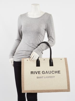 RIVE GAUCHE North/South TOTE BAG IN PRINTED LINEN AND LEATHER