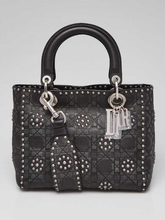 Christian Dior Black Embossed Calfskin Leather Studded Medium Lady Dior  Tote Bag