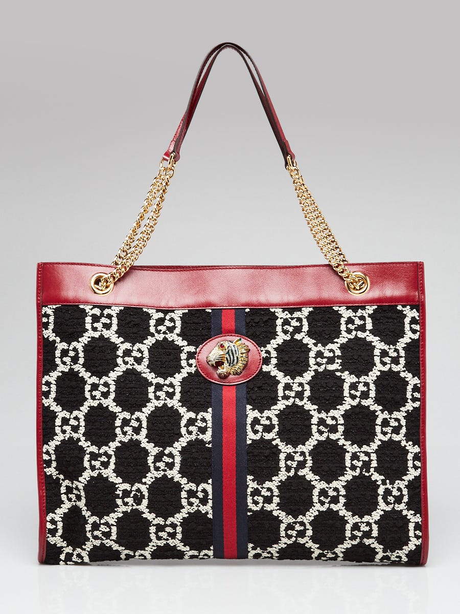 Gucci Red Leather GG Tweed Large Linea Rajah Tote Bag | Yoogi's Closet