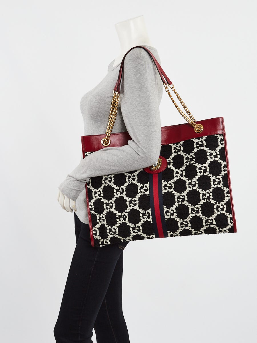 Gucci Red Leather GG Tweed Large Linea Rajah Tote Bag | Yoogi's Closet