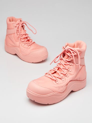 Bottega Veneta Flamingo Pink Technical Fabric/Rubber Puddle Bomber Boots Size 9.5/40