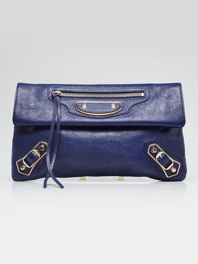 Balenciaga Blue Cobalt Chevre Leather Metallic Edge Envelope Clutch Bag w/o Strap